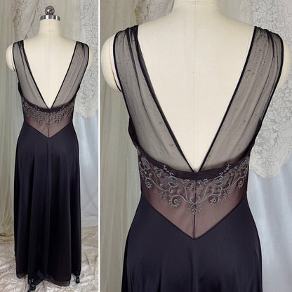 Vintage 1950's - 1960's Nightgown - Black Nylon with Sheer Mulberry Chiffon Bodice, size S, M - Daggers & Dames
