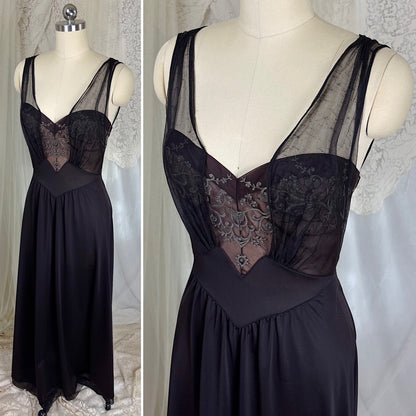 Vintage 1950's - 1960's Nightgown - Black Nylon with Sheer Mulberry Chiffon Bodice, size S, M - Daggers & Dames