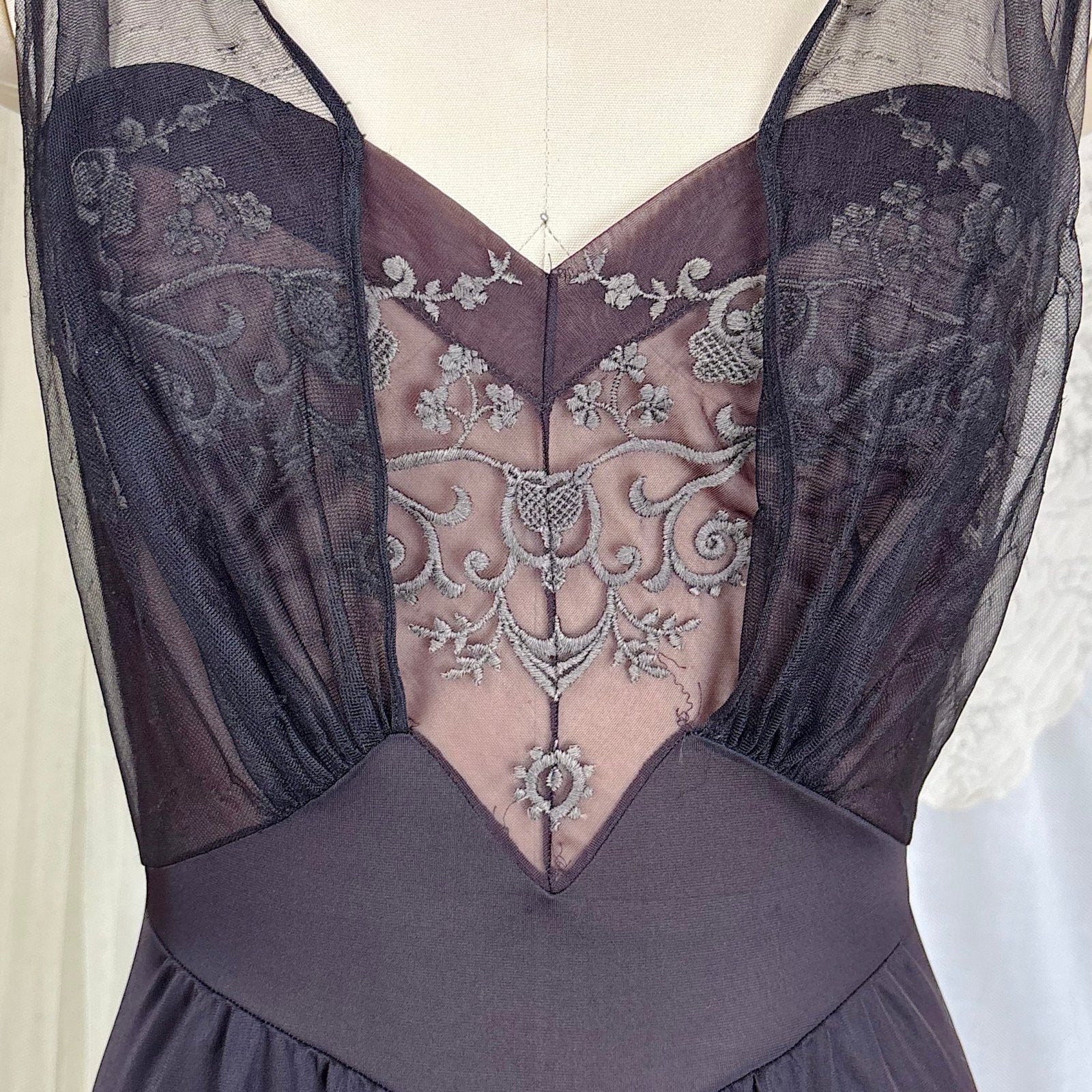 Vintage 1950's - 1960's Nightgown - Black Nylon with Sheer Mulberry Chiffon Bodice, size S, M - Daggers & Dames