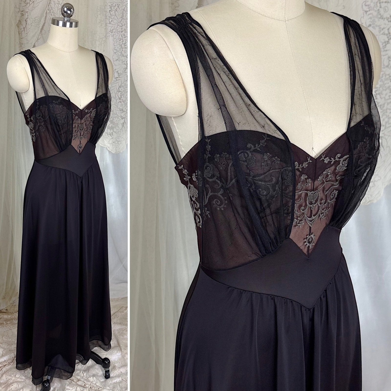 Vintage 1950's - 1960's Nightgown - Black Nylon with Sheer Mulberry Chiffon Bodice, size S, M - Daggers & Dames