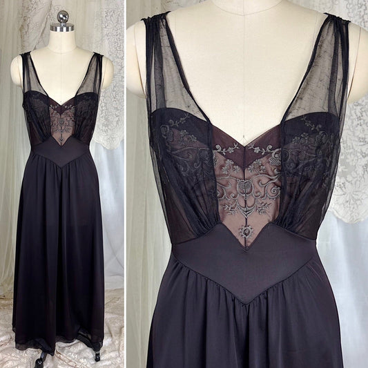 Vintage 1950's - 1960's Nightgown - Black Nylon with Sheer Mulberry Chiffon Bodice, size S, M - Daggers & Dames