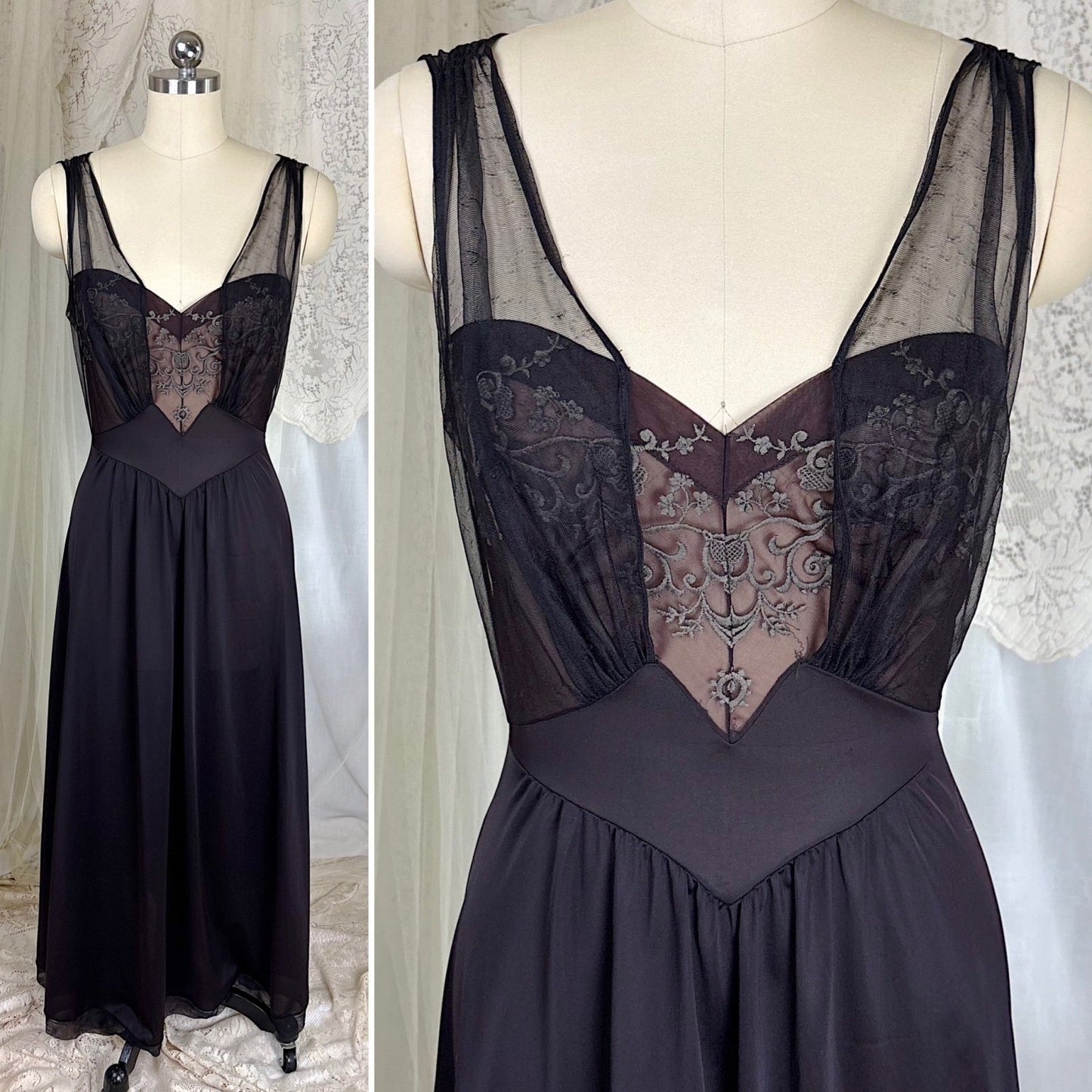 Vintage 1950's - 1960's Nightgown - Black Nylon with Sheer Mulberry Chiffon Bodice, size S, M - Daggers & Dames