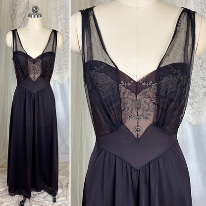 Vintage 1950's - 1960's Nightgown - Black Nylon with Sheer Mulberry Chiffon Bodice, size S, M - Daggers & Dames