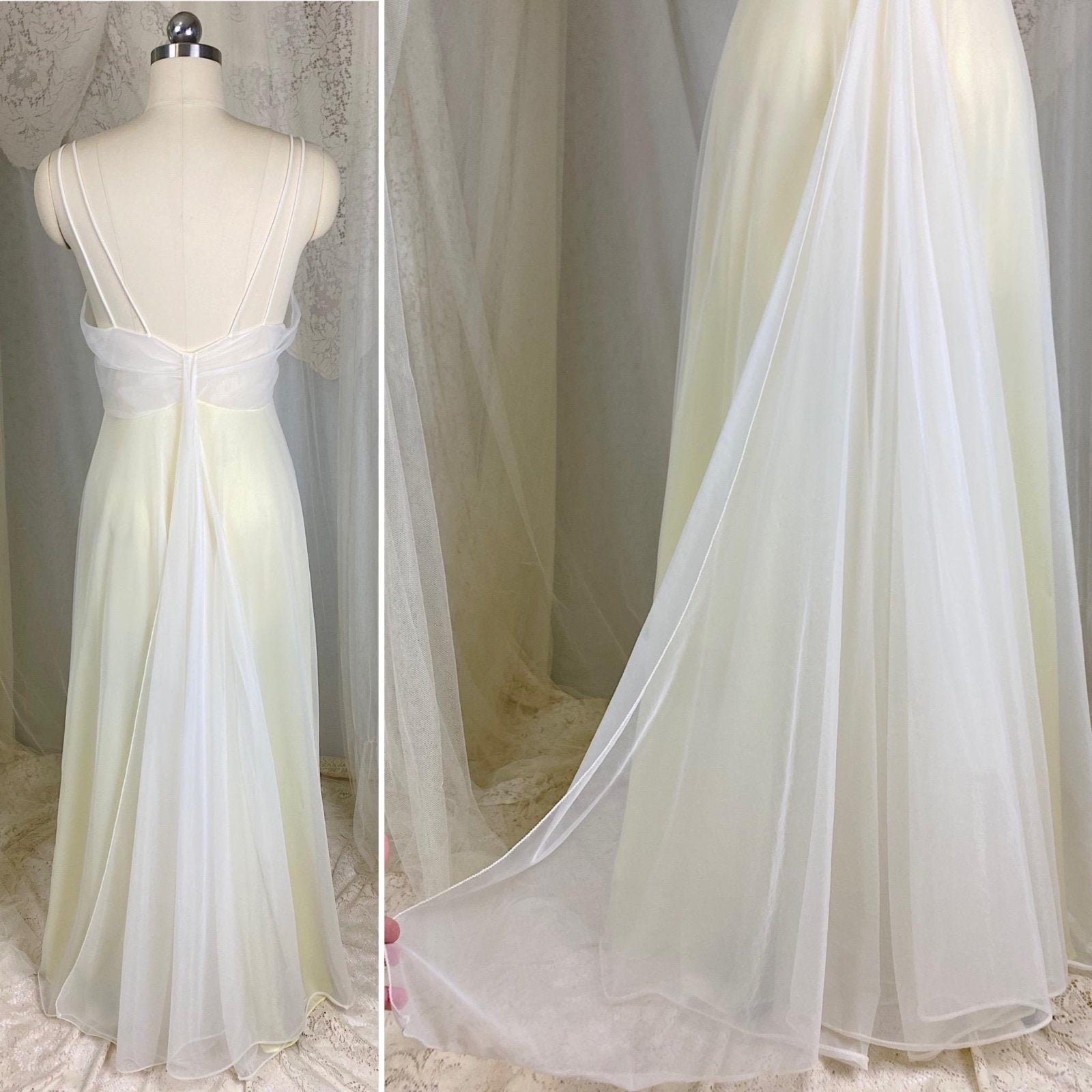 Vintage 1950's - 1960's Nightgown - Pale Lemon Nylon with Sheer White Chiffon & Cherry Blossom Embroidery - Size S, M - By Vanity Fair - Daggers & Dames