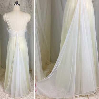Vintage 1950's - 1960's Nightgown - Pale Lemon Nylon with Sheer White Chiffon & Cherry Blossom Embroidery - Size S, M - By Vanity Fair - Daggers & Dames