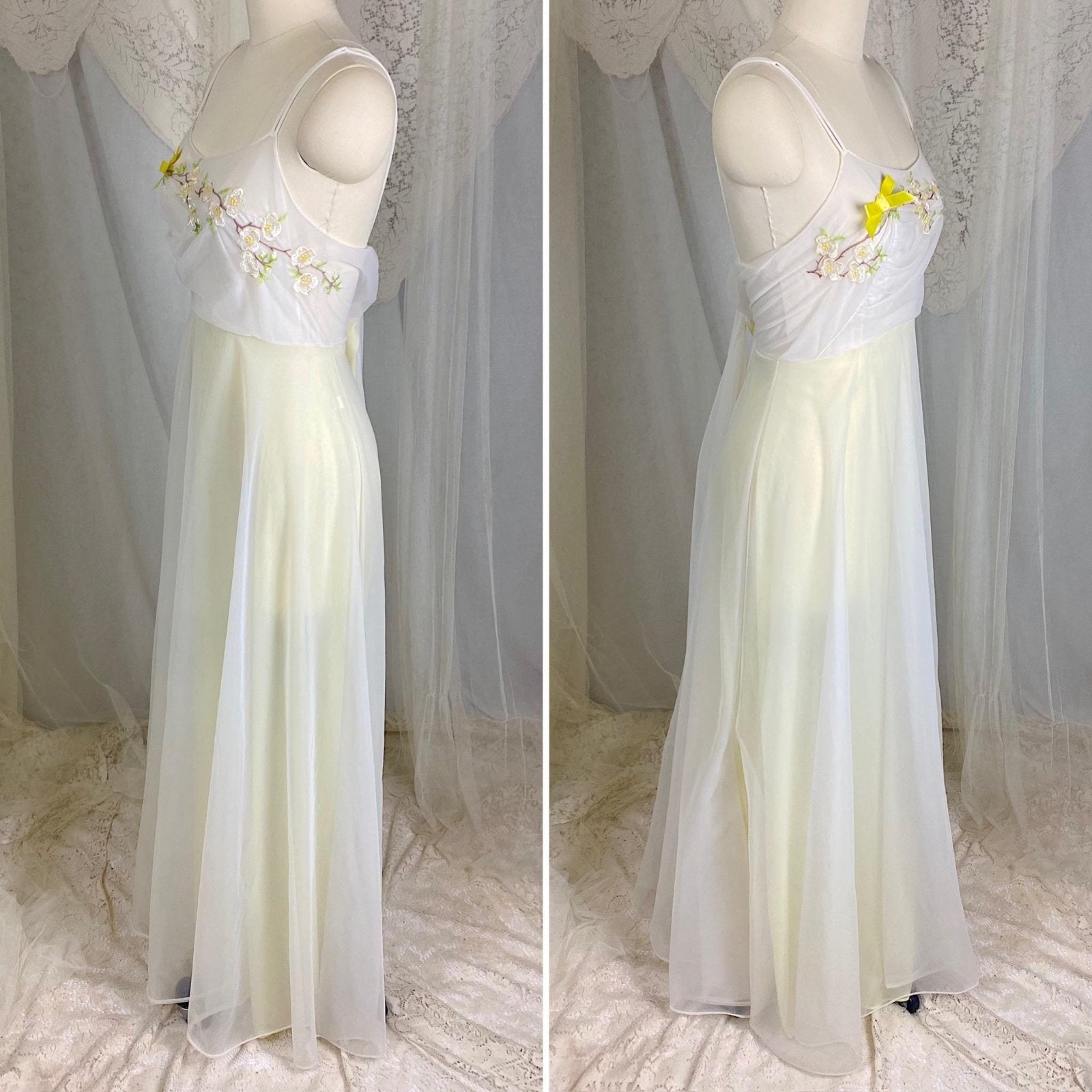 Vintage 1950's - 1960's Nightgown - Pale Lemon Nylon with Sheer White Chiffon & Cherry Blossom Embroidery - Size S, M - By Vanity Fair - Daggers & Dames
