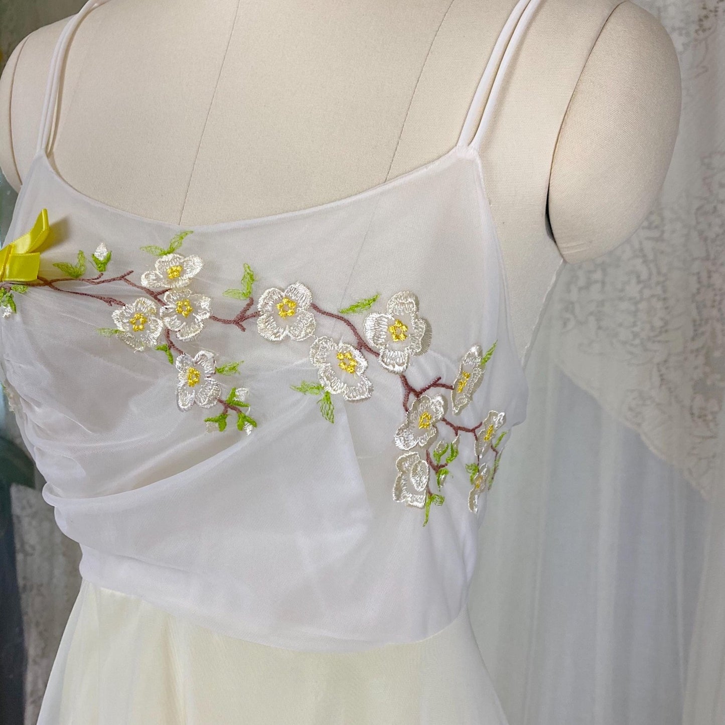 Vintage 1950's - 1960's Nightgown - Pale Lemon Nylon with Sheer White Chiffon & Cherry Blossom Embroidery - Size S, M - By Vanity Fair - Daggers & Dames