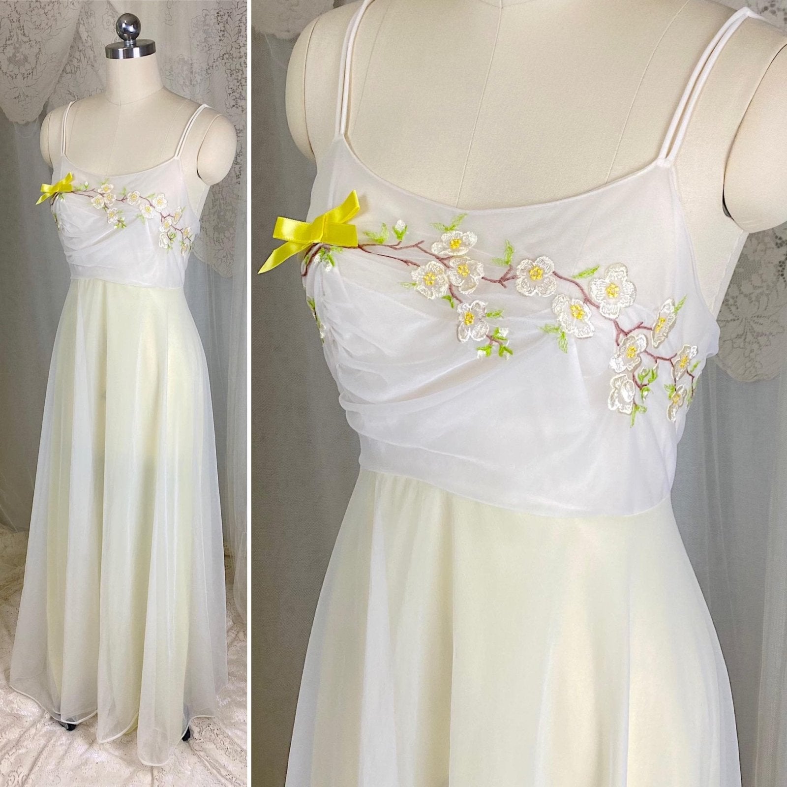 Vintage 1950's - 1960's Nightgown - Pale Lemon Nylon with Sheer White Chiffon & Cherry Blossom Embroidery - Size S, M - By Vanity Fair - Daggers & Dames