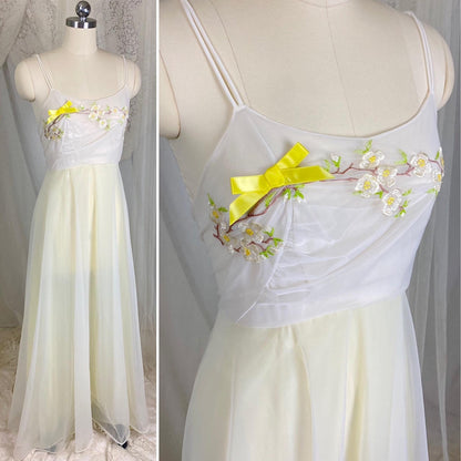 Vintage 1950's - 1960's Nightgown - Pale Lemon Nylon with Sheer White Chiffon & Cherry Blossom Embroidery - Size S, M - By Vanity Fair - Daggers & Dames