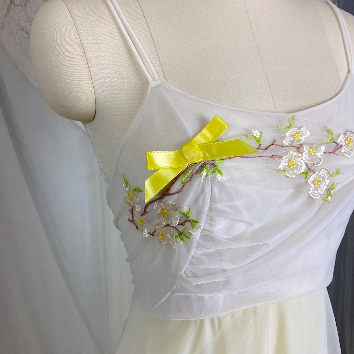 Vintage 1950's - 1960's Nightgown - Pale Lemon Nylon with Sheer White Chiffon & Cherry Blossom Embroidery - Size S, M - By Vanity Fair - Daggers & Dames