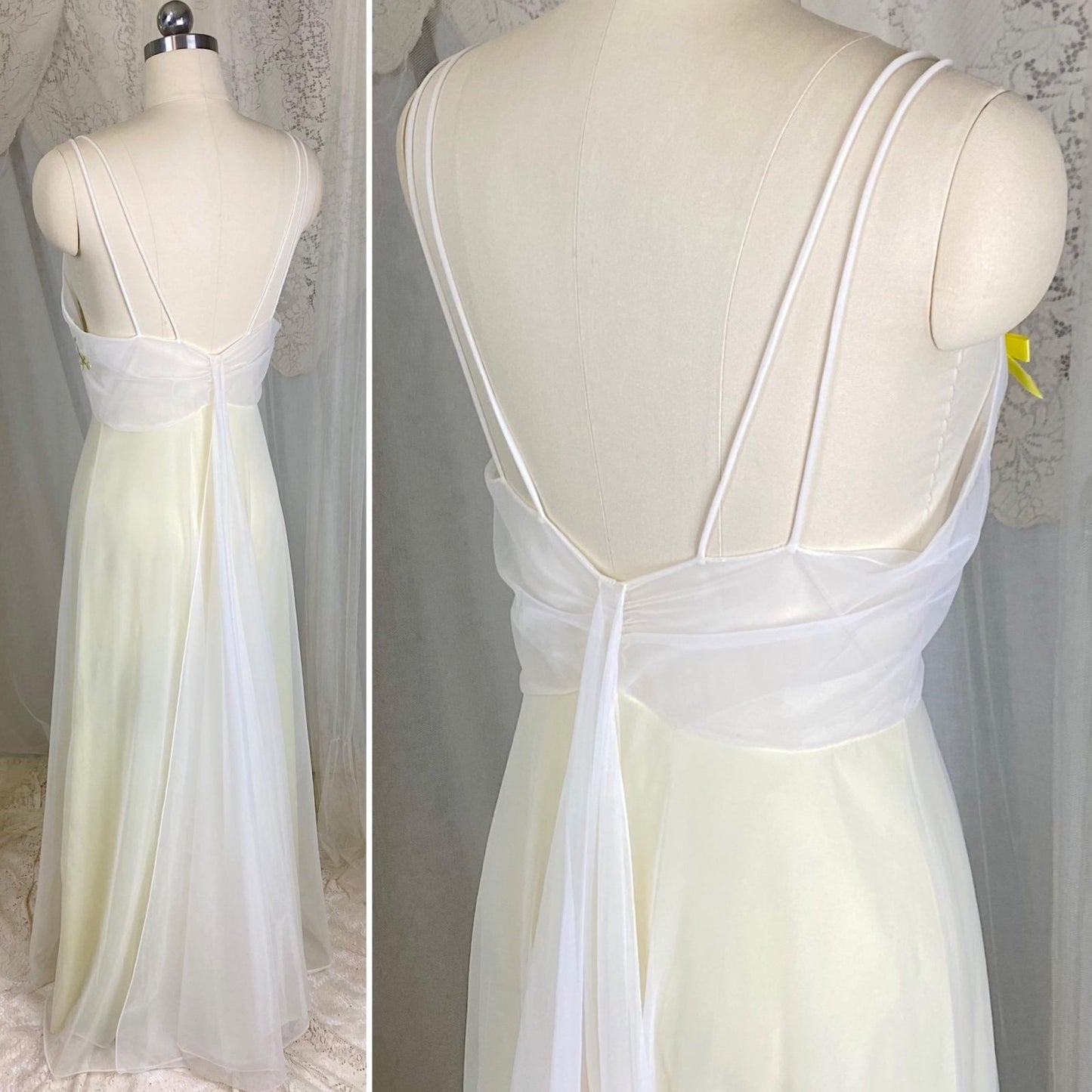 Vintage 1950's - 1960's Nightgown - Pale Lemon Nylon with Sheer White Chiffon & Cherry Blossom Embroidery - Size S, M - By Vanity Fair - Daggers & Dames