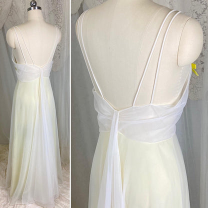 Vintage 1950's - 1960's Nightgown - Pale Lemon Nylon with Sheer White Chiffon & Cherry Blossom Embroidery - Size S, M - By Vanity Fair - Daggers & Dames
