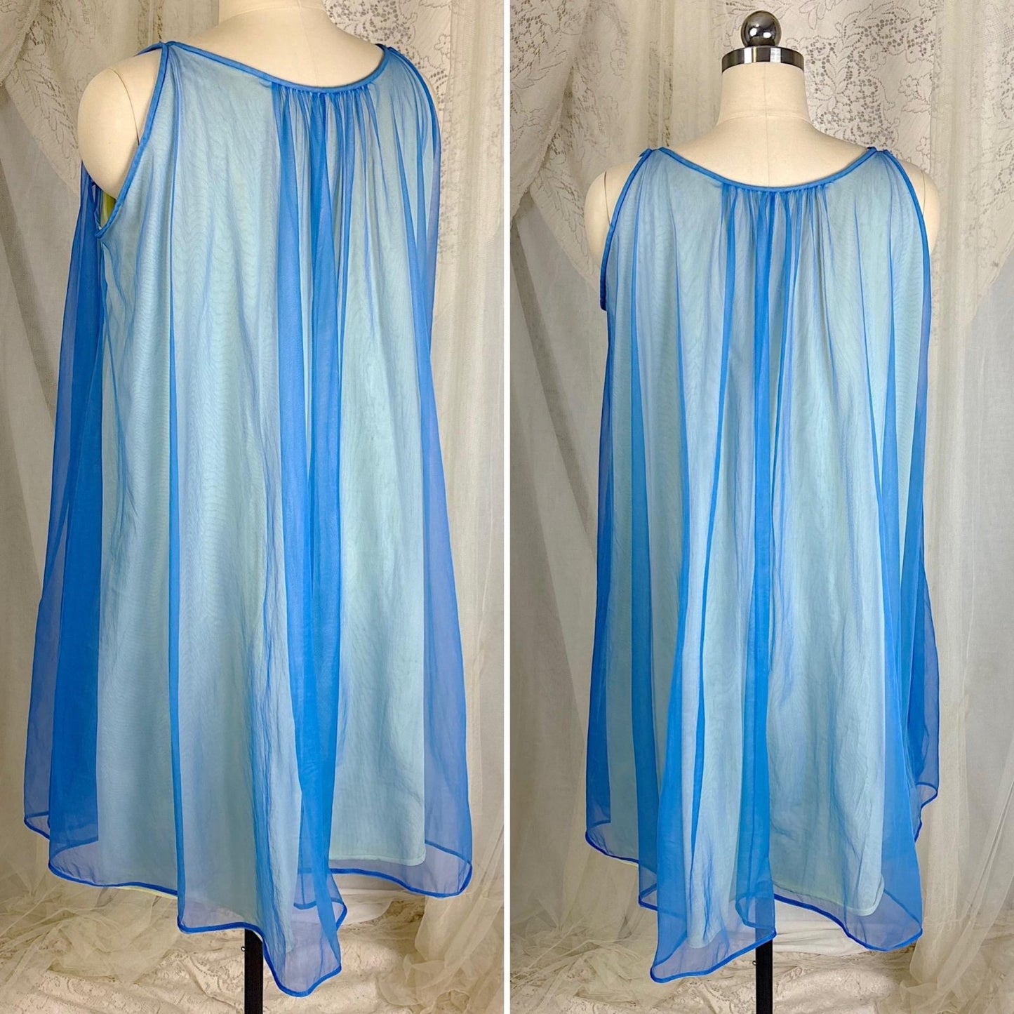 Vintage 1950's - 1960's Nightgown & Peignoir Set - Sheer Navy Blue and Custard Yellow Nylon Chiffon with Pussy Bow - By Pinehurst - Size M - Daggers & Dames
