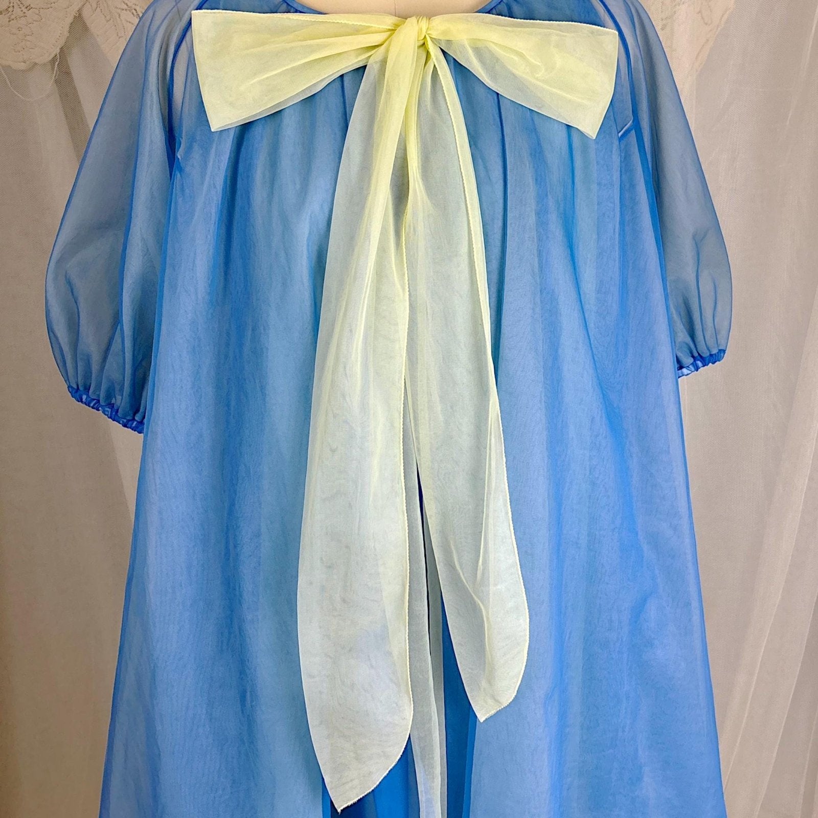 Vintage 1950's - 1960's Nightgown & Peignoir Set - Sheer Navy Blue and Custard Yellow Nylon Chiffon with Pussy Bow - By Pinehurst - Size M - Daggers & Dames
