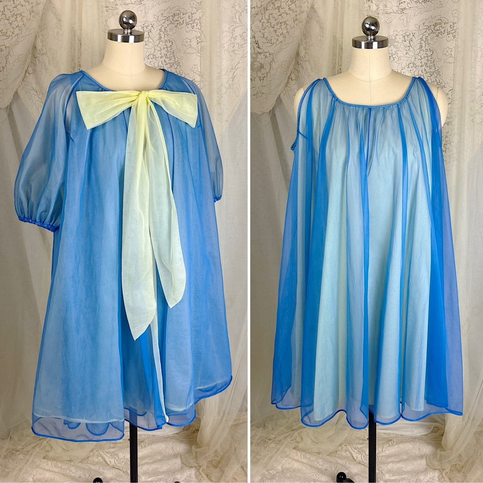 Vintage 1950's - 1960's Nightgown & Peignoir Set - Sheer Navy Blue and Custard Yellow Nylon Chiffon with Pussy Bow - By Pinehurst - Size M - Daggers & Dames