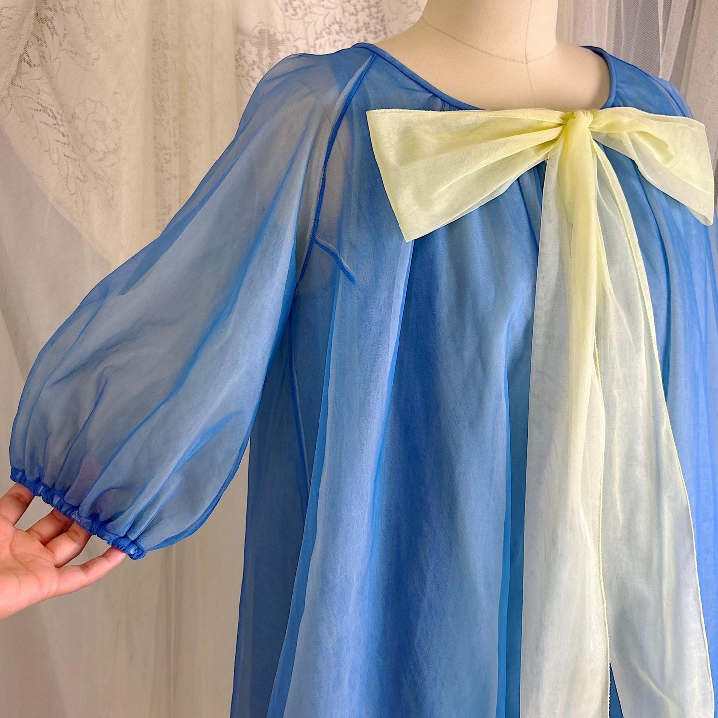 Vintage 1950's - 1960's Nightgown & Peignoir Set - Sheer Navy Blue and Custard Yellow Nylon Chiffon with Pussy Bow - By Pinehurst - Size M - Daggers & Dames