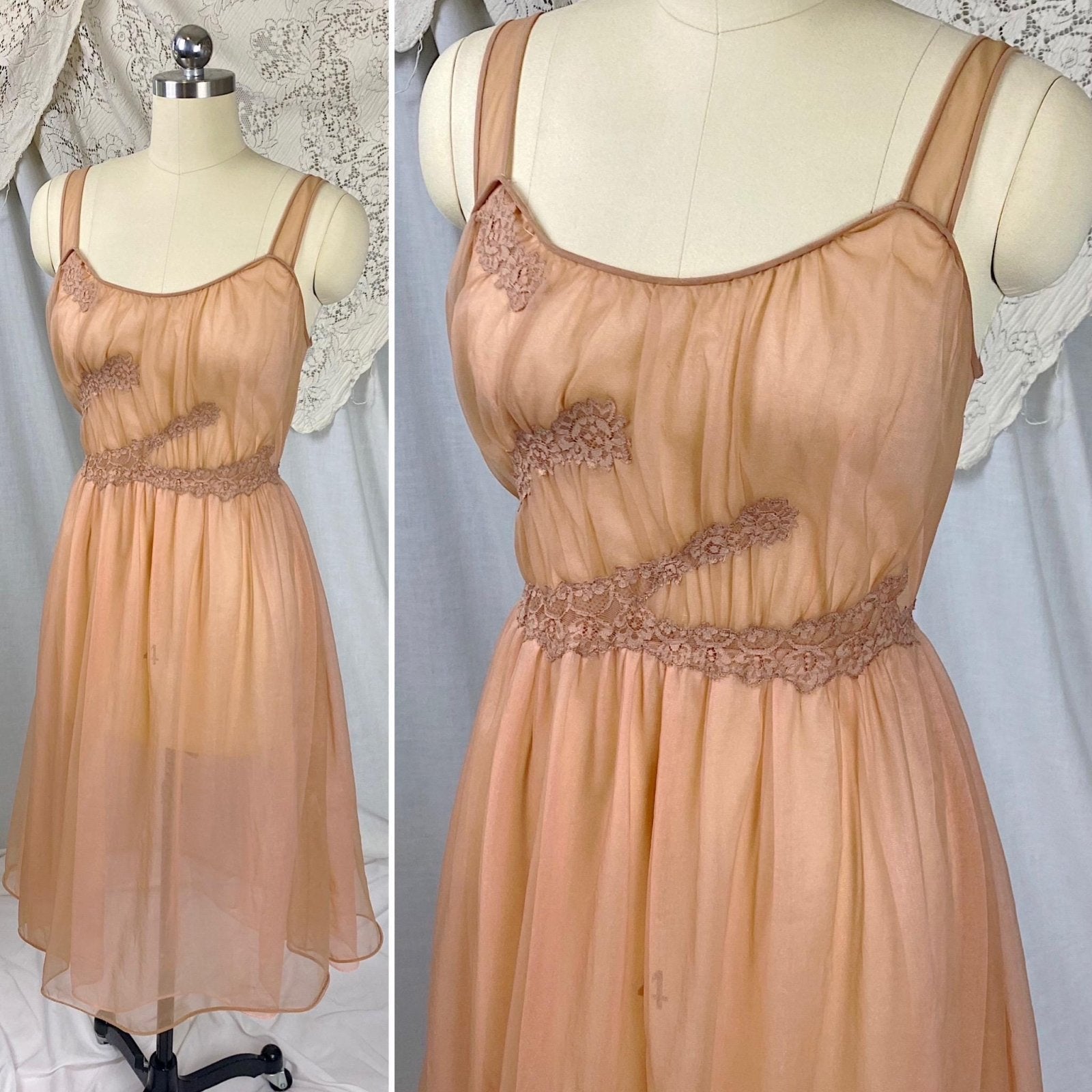 Vintage 1950's - 1960's Nightgown | Sheer Rich Mocha Brown Nylon Chiffon with Sparkly Blush Pink Lining | Size XS | By Kayser - Daggers & Dames
