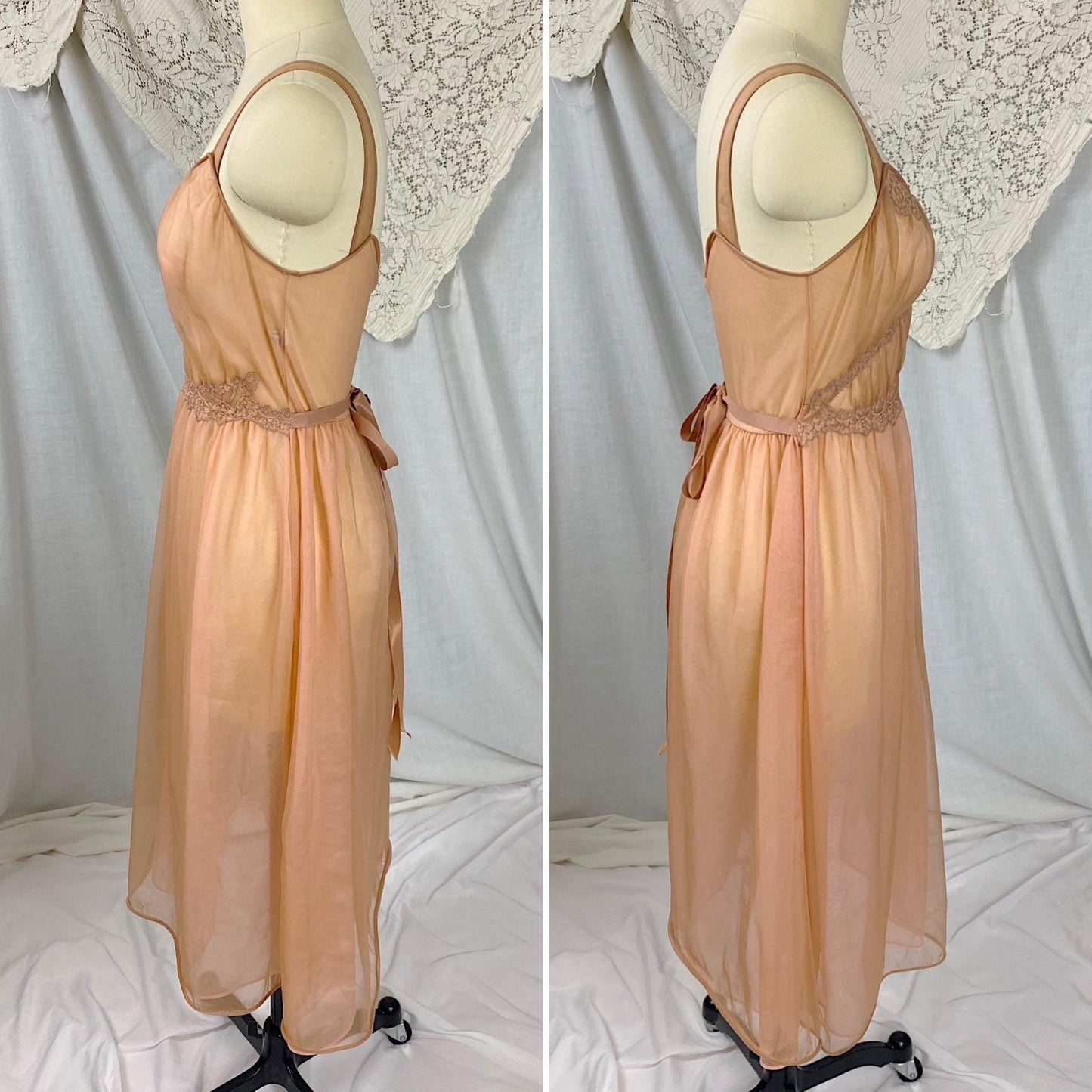 Vintage 1950's - 1960's Nightgown | Sheer Rich Mocha Brown Nylon Chiffon with Sparkly Blush Pink Lining | Size XS | By Kayser - Daggers & Dames