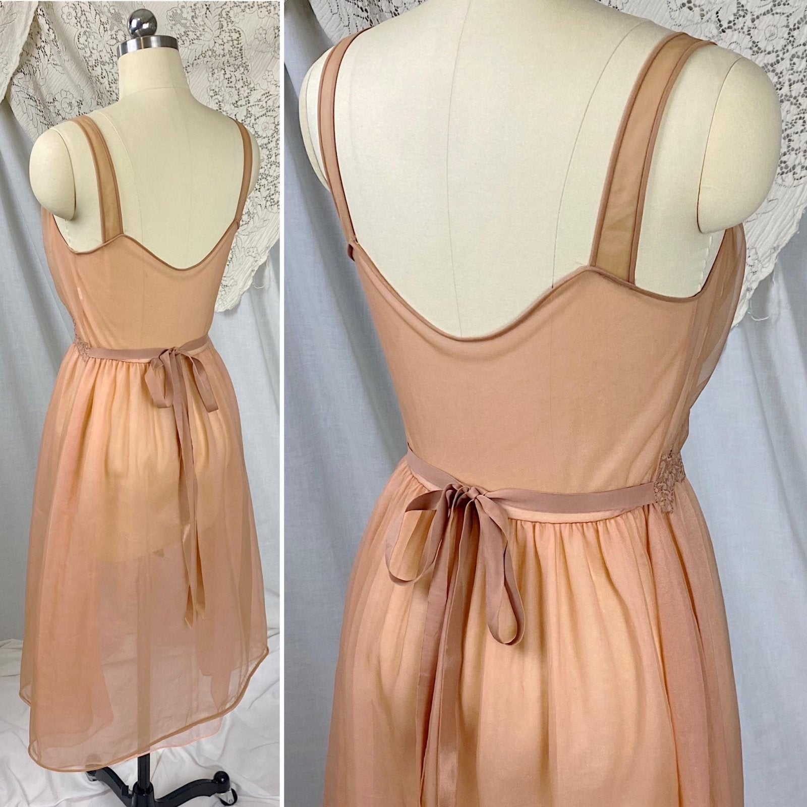 Vintage 1950's - 1960's Nightgown | Sheer Rich Mocha Brown Nylon Chiffon with Sparkly Blush Pink Lining | Size XS | By Kayser - Daggers & Dames