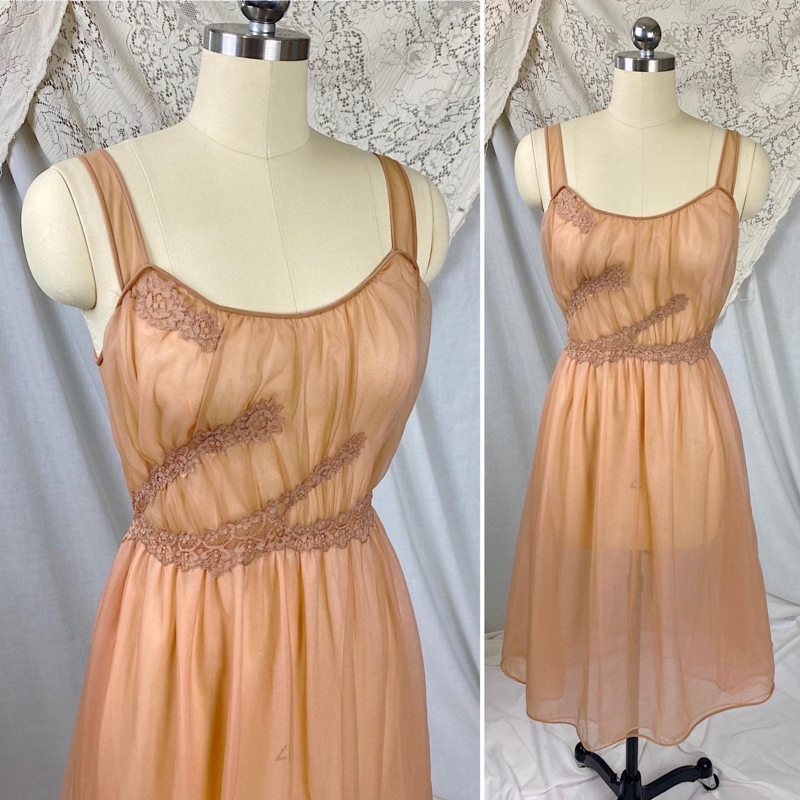 Vintage 1950's - 1960's Nightgown | Sheer Rich Mocha Brown Nylon Chiffon with Sparkly Blush Pink Lining | Size XS | By Kayser - Daggers & Dames