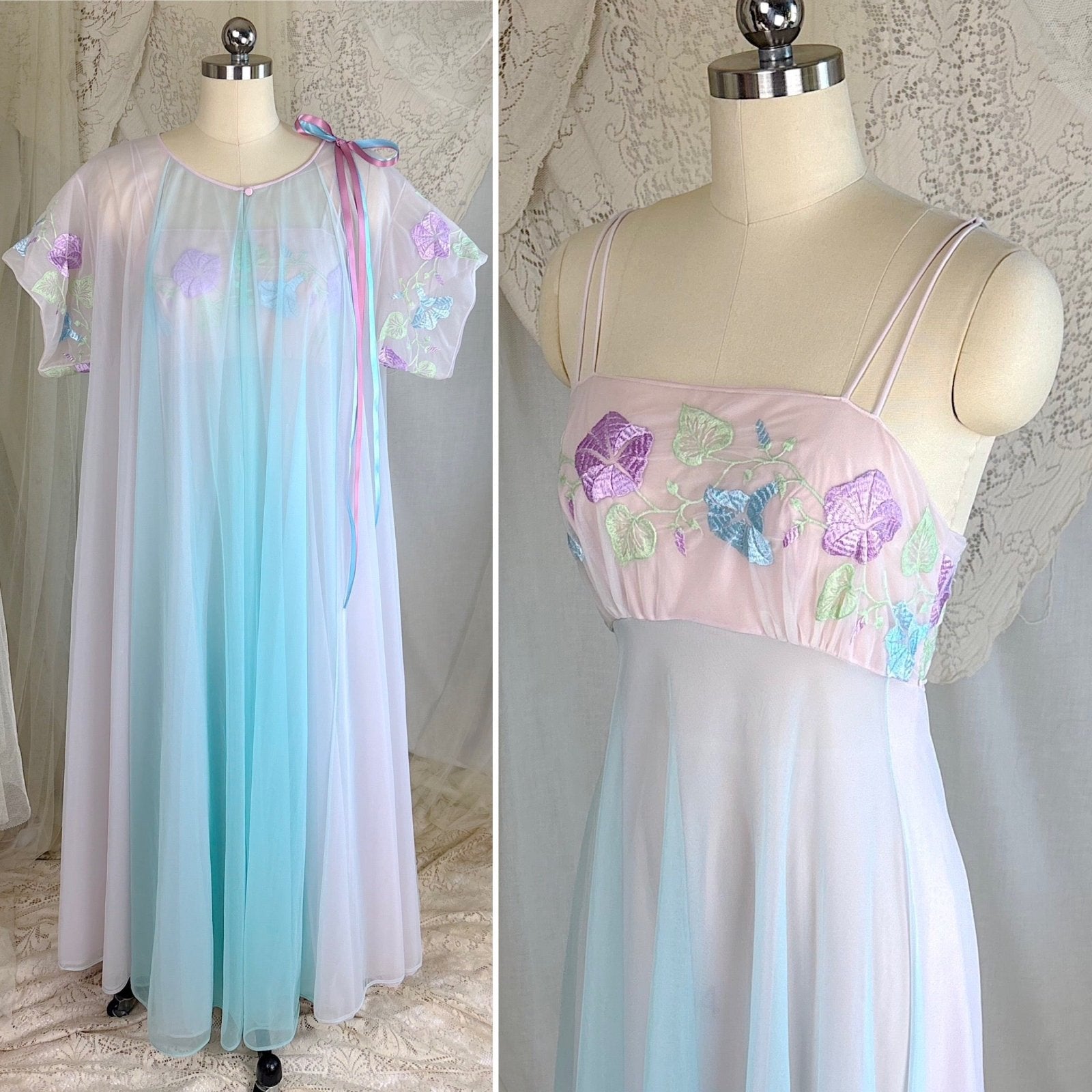 Vintage 1950's - 1960's Peignoir Set - Sheer Baby Blue & Lilac Purple Nylon Chiffon - by Vanity Fair - Daggers & Dames