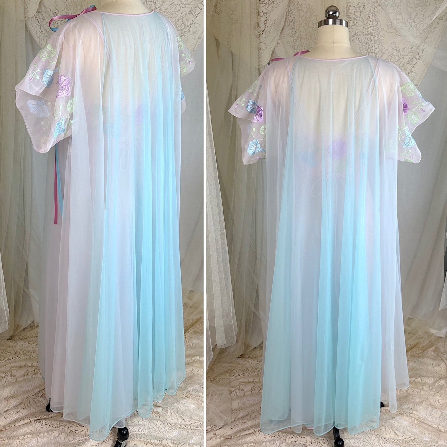 Vintage 1950's - 1960's Peignoir Set - Sheer Baby Blue & Lilac Purple Nylon Chiffon - by Vanity Fair - Daggers & Dames