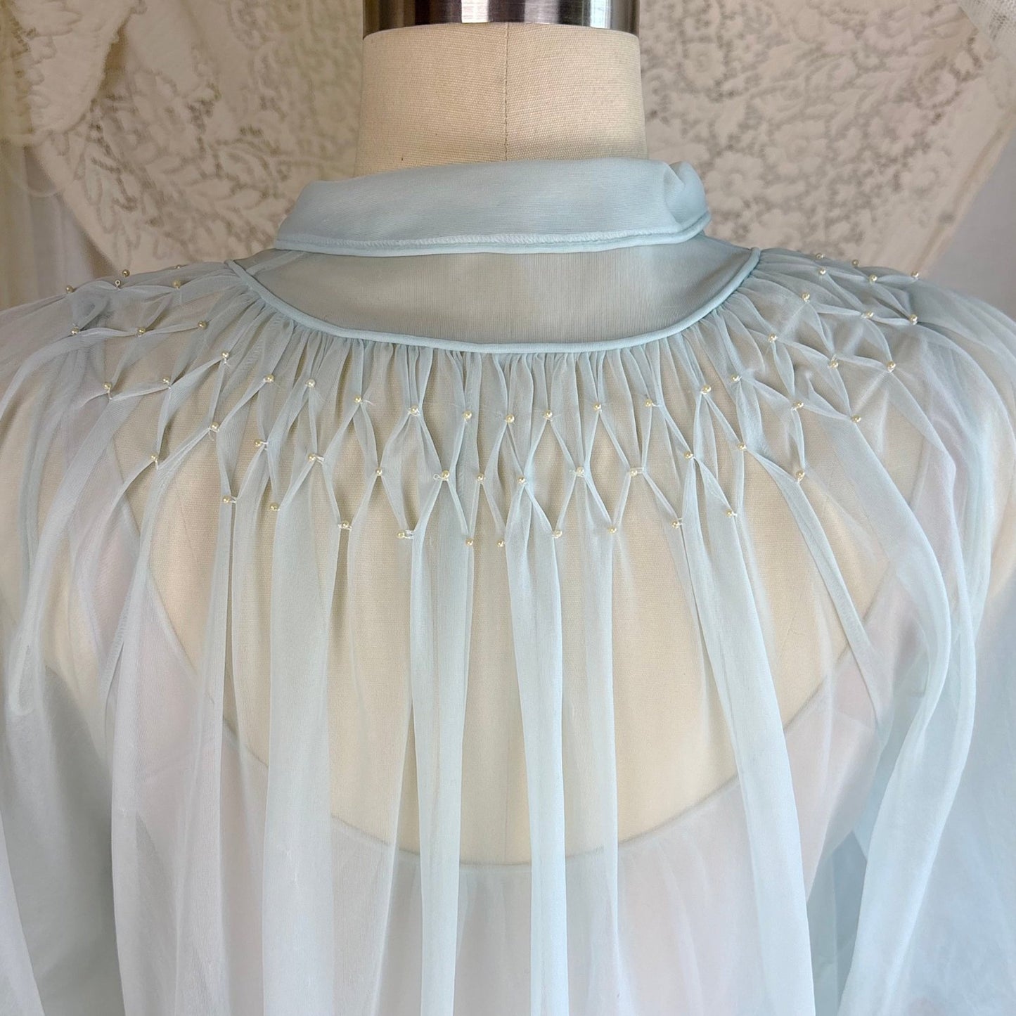 Vintage 1950's - 1960's Peignoir Set - Sheer Sky Blue & Baby Pink Nylon Chiffon with Diamond Shirring - by Carter's - Daggers & Dames
