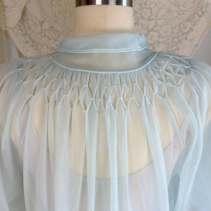Vintage 1950's - 1960's Peignoir Set - Sheer Sky Blue & Baby Pink Nylon Chiffon with Diamond Shirring - by Carter's - Daggers & Dames