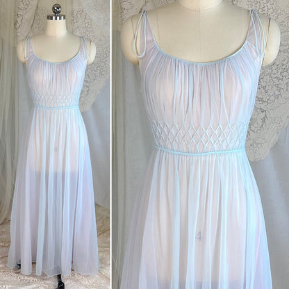 Vintage 1950's - 1960's Peignoir Set - Sheer Sky Blue & Baby Pink Nylon Chiffon with Diamond Shirring - by Carter's - Daggers & Dames