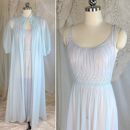 Vintage 1950's - 1960's Peignoir Set - Sheer Sky Blue & Baby Pink Nylon Chiffon with Diamond Shirring - by Carter's - Daggers & Dames