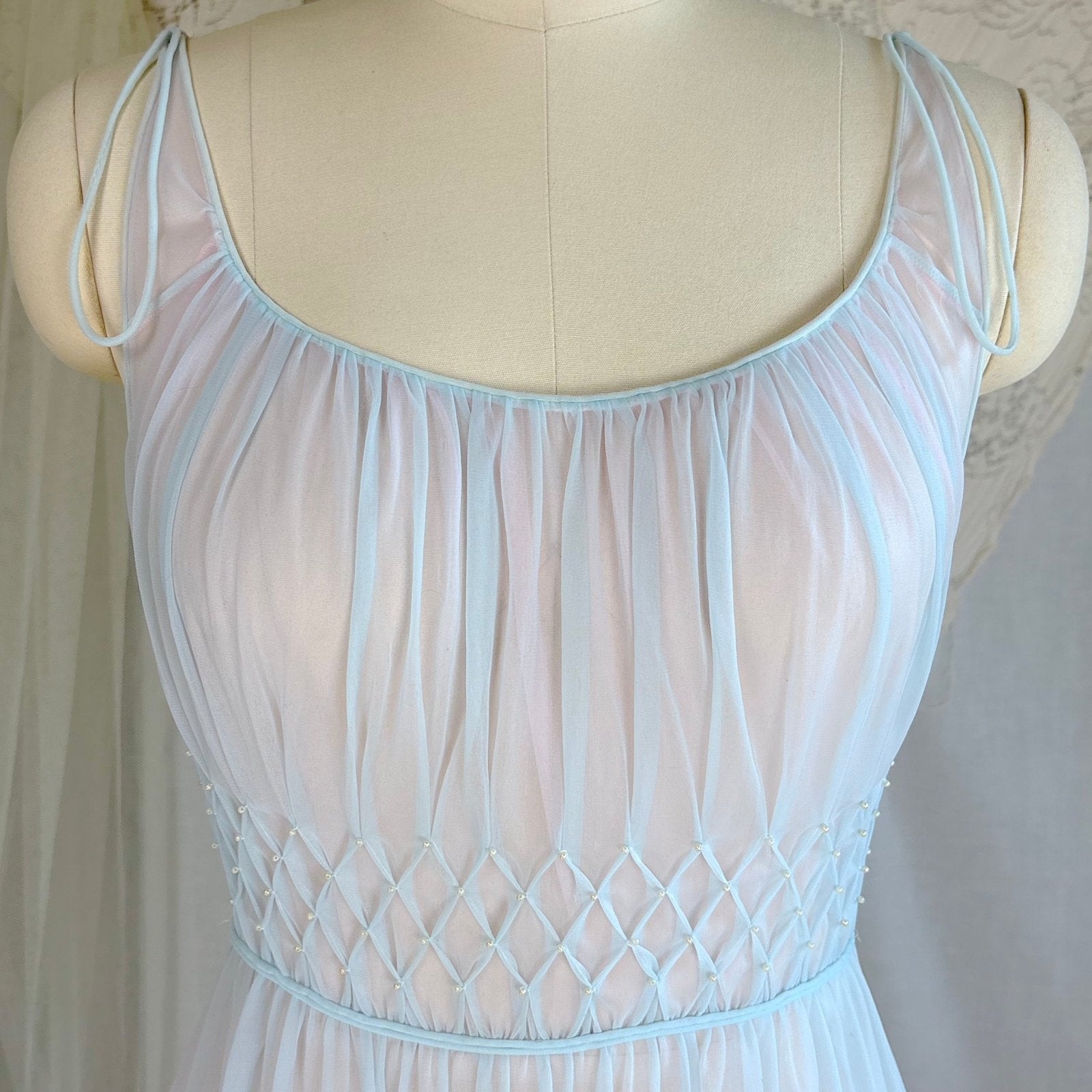 Vintage 1950's - 1960's Peignoir Set - Sheer Sky Blue & Baby Pink Nylon Chiffon with Diamond Shirring - by Carter's - Daggers & Dames