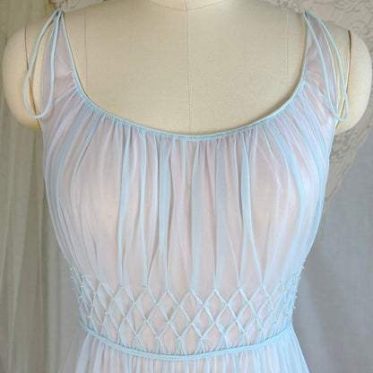 Vintage 1950's - 1960's Peignoir Set - Sheer Sky Blue & Baby Pink Nylon Chiffon with Diamond Shirring - by Carter's - Daggers & Dames