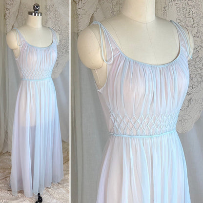 Vintage 1950's - 1960's Peignoir Set - Sheer Sky Blue & Baby Pink Nylon Chiffon with Diamond Shirring - by Carter's - Daggers & Dames