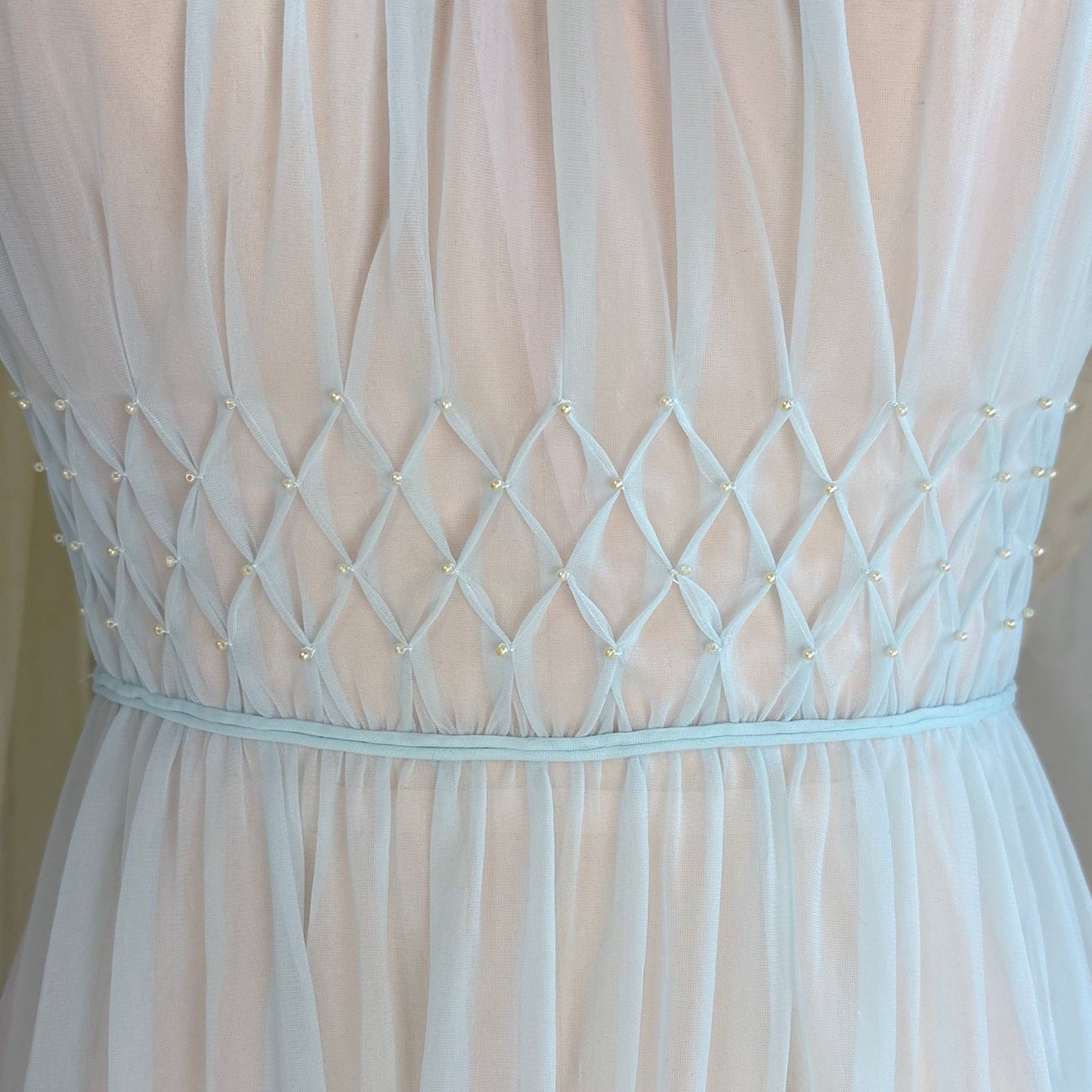 Vintage 1950's - 1960's Peignoir Set - Sheer Sky Blue & Baby Pink Nylon Chiffon with Diamond Shirring - by Carter's - Daggers & Dames