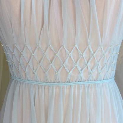 Vintage 1950's - 1960's Peignoir Set - Sheer Sky Blue & Baby Pink Nylon Chiffon with Diamond Shirring - by Carter's - Daggers & Dames