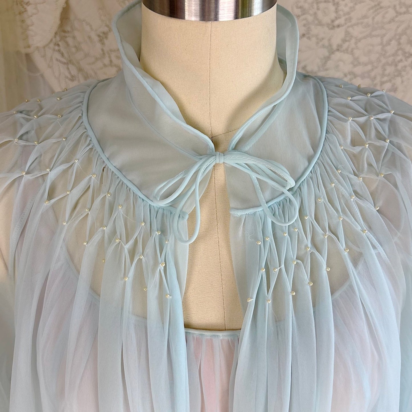 Vintage 1950's - 1960's Peignoir Set - Sheer Sky Blue & Baby Pink Nylon Chiffon with Diamond Shirring - by Carter's - Daggers & Dames
