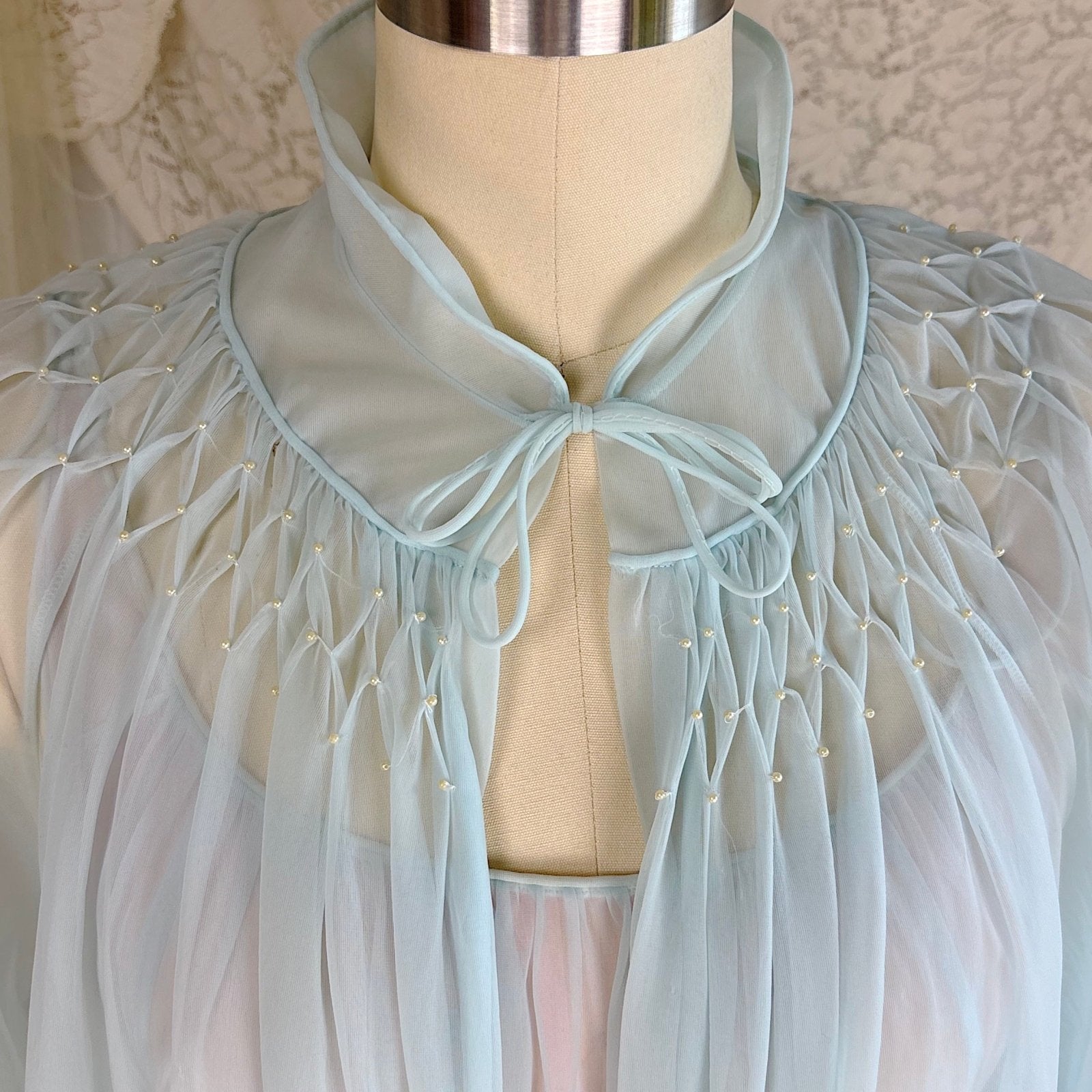 Vintage 1950's - 1960's Peignoir Set - Sheer Sky Blue & Baby Pink Nylon Chiffon with Diamond Shirring - by Carter's - Daggers & Dames