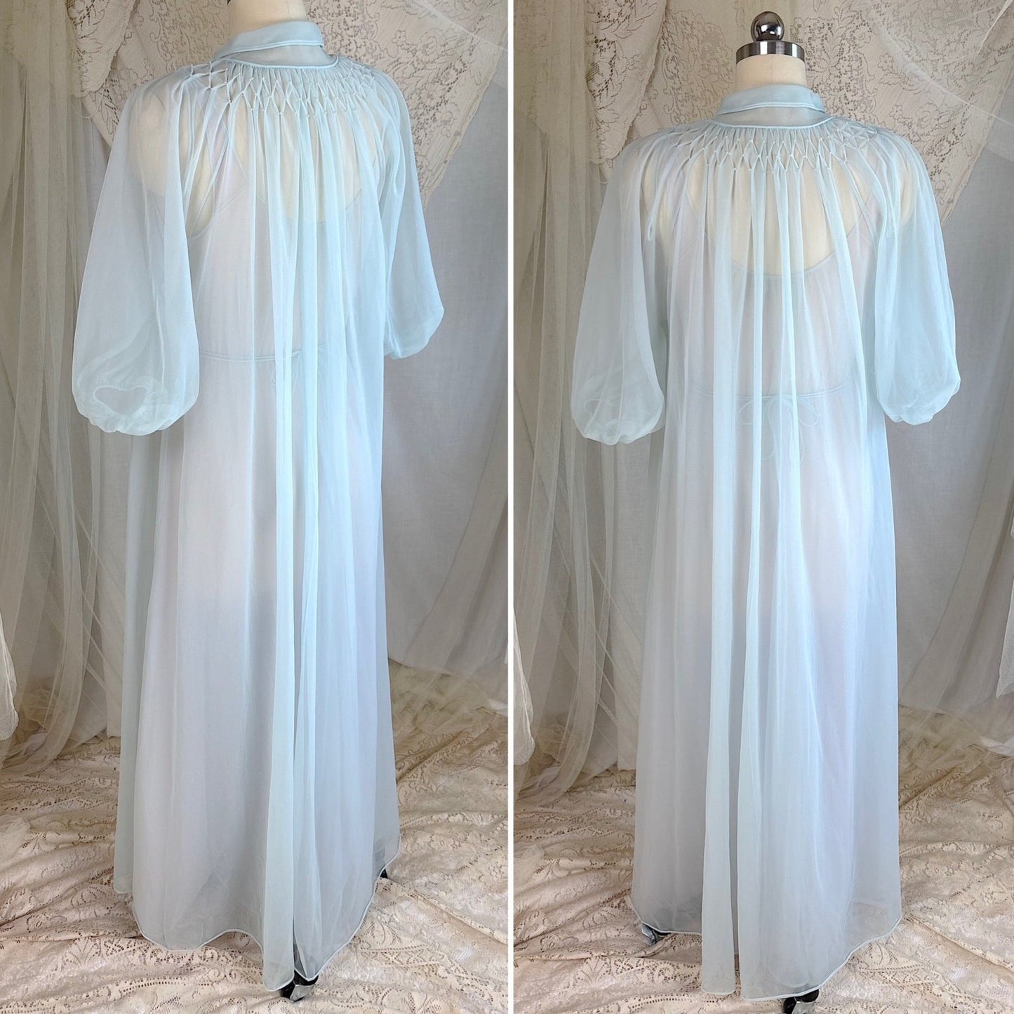 Vintage 1950's - 1960's Peignoir Set - Sheer Sky Blue & Baby Pink Nylon Chiffon with Diamond Shirring - by Carter's - Daggers & Dames