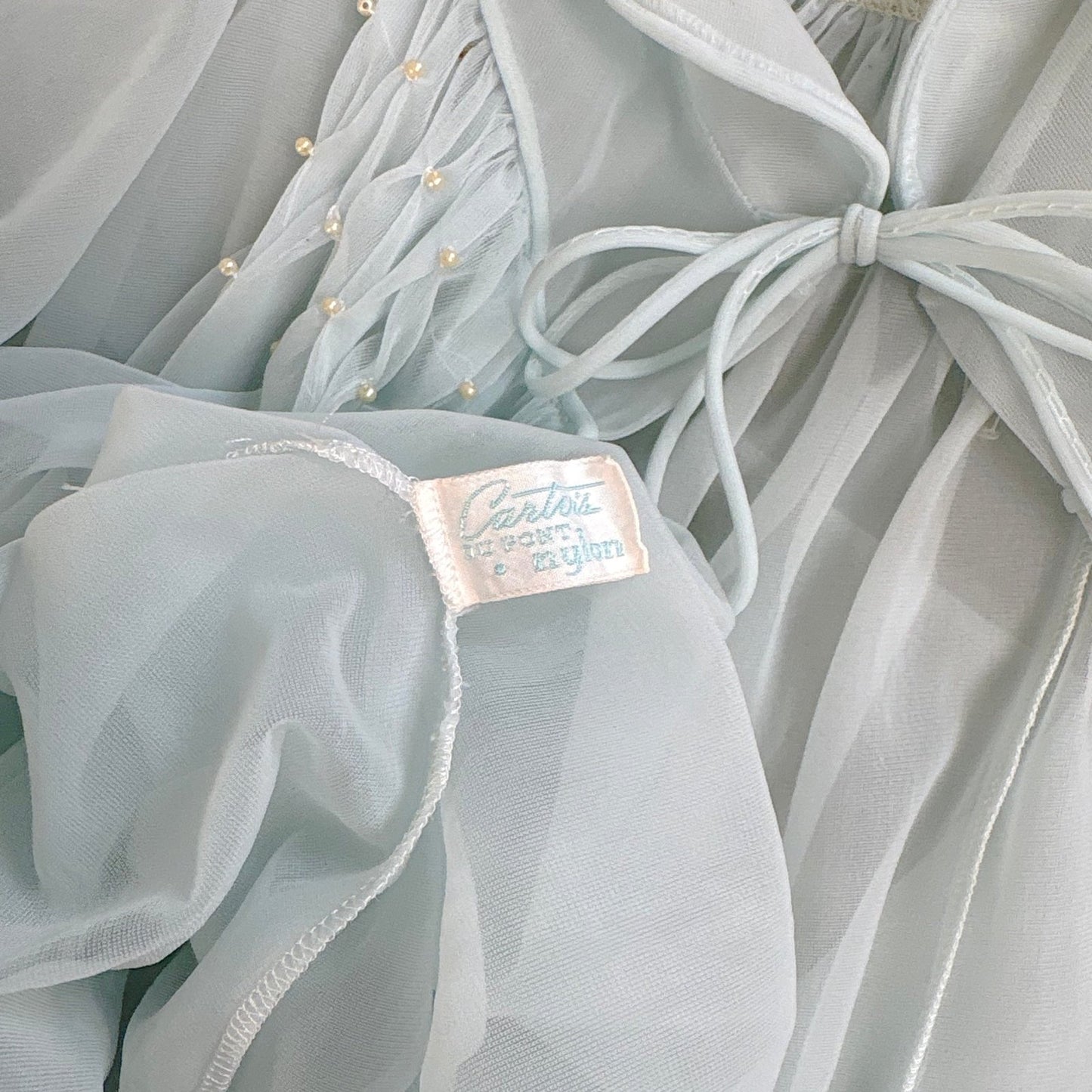 Vintage 1950's - 1960's Peignoir Set - Sheer Sky Blue & Baby Pink Nylon Chiffon with Diamond Shirring - by Carter's - Daggers & Dames