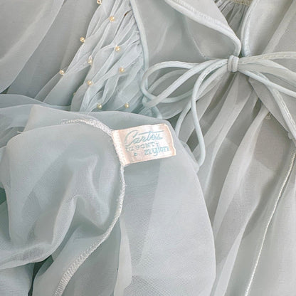 Vintage 1950's - 1960's Peignoir Set - Sheer Sky Blue & Baby Pink Nylon Chiffon with Diamond Shirring - by Carter's - Daggers & Dames
