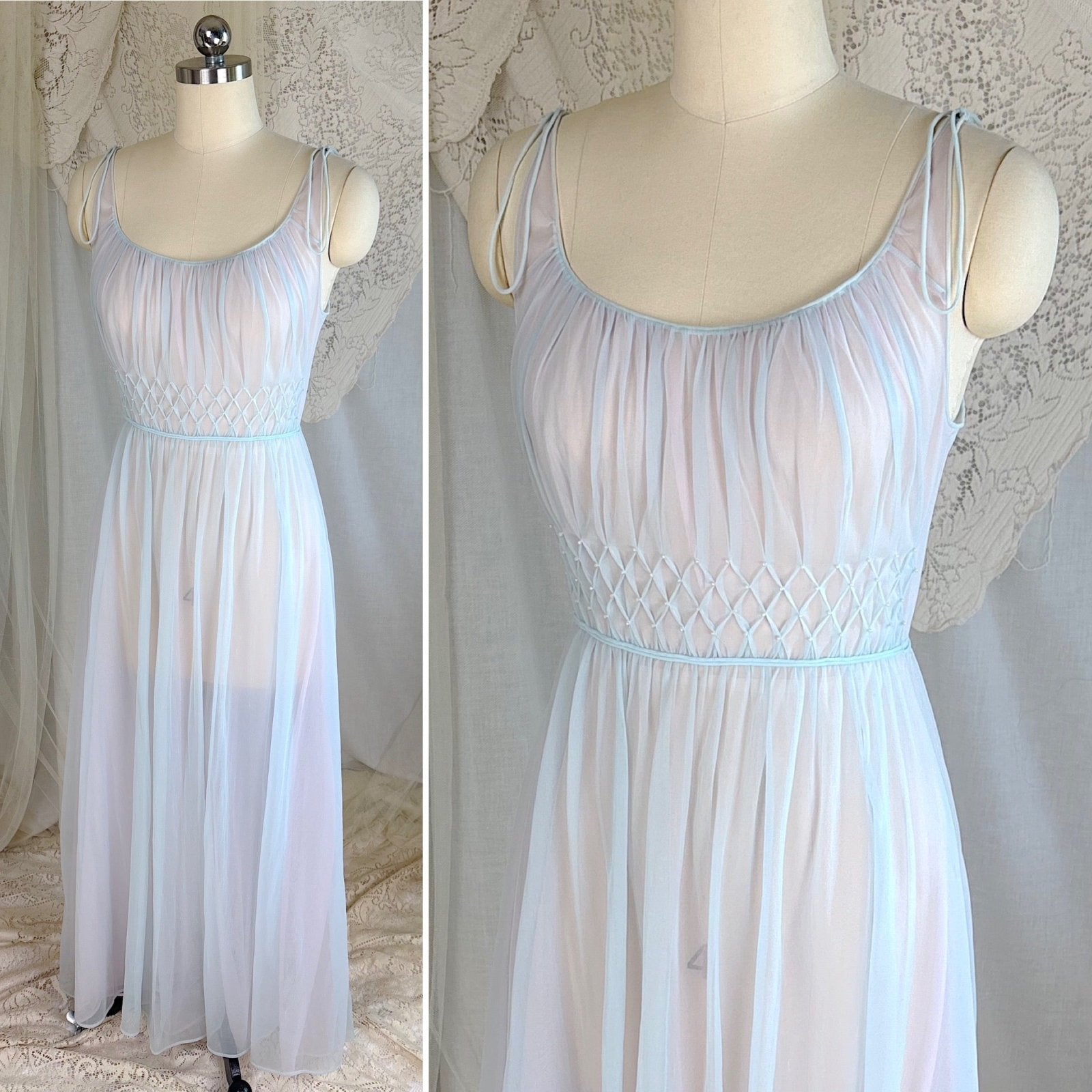 Vintage 1950's - 1960's Peignoir Set - Sheer Sky Blue & Baby Pink Nylon Chiffon with Diamond Shirring - by Carter's - Daggers & Dames
