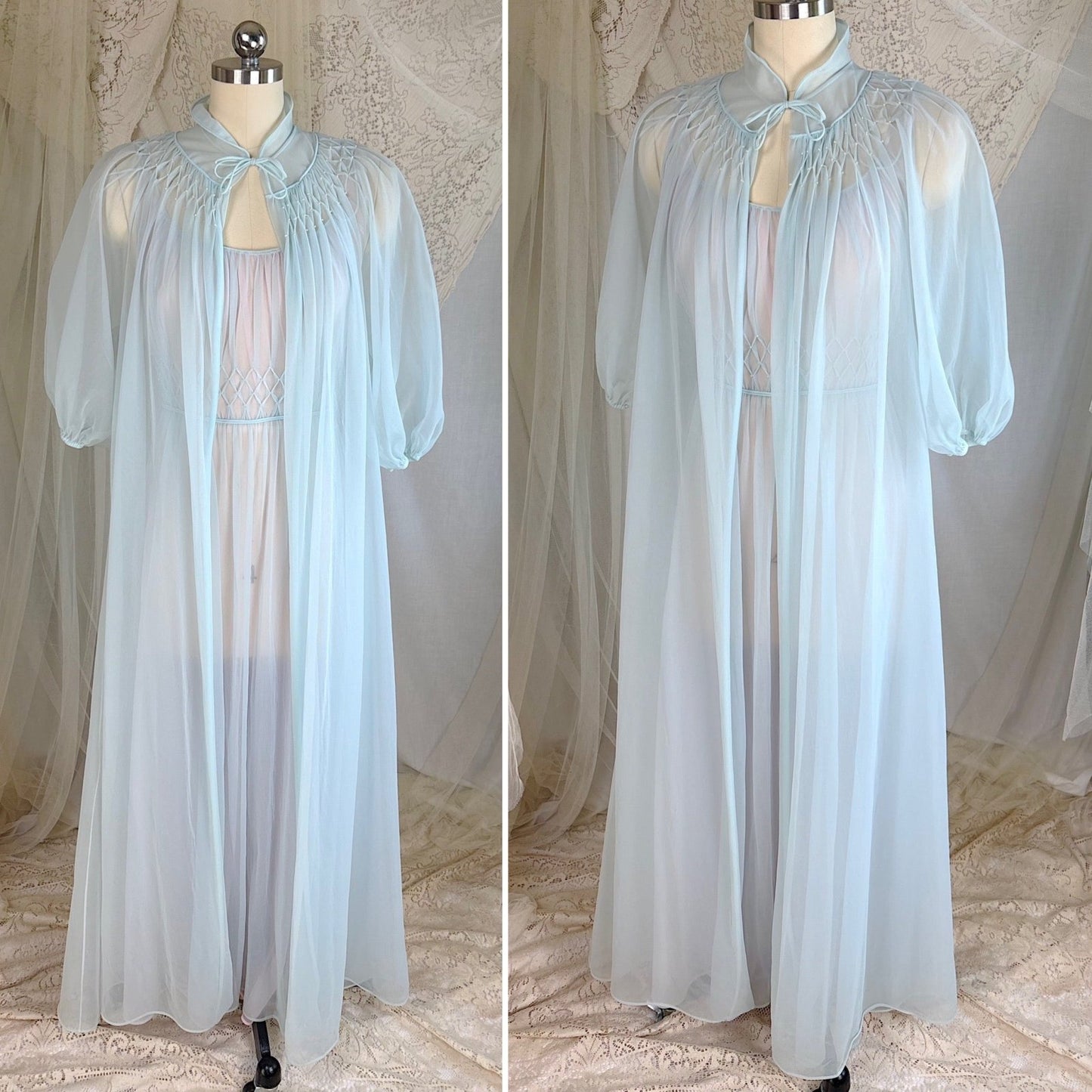 Vintage 1950's - 1960's Peignoir Set - Sheer Sky Blue & Baby Pink Nylon Chiffon with Diamond Shirring - by Carter's - Daggers & Dames