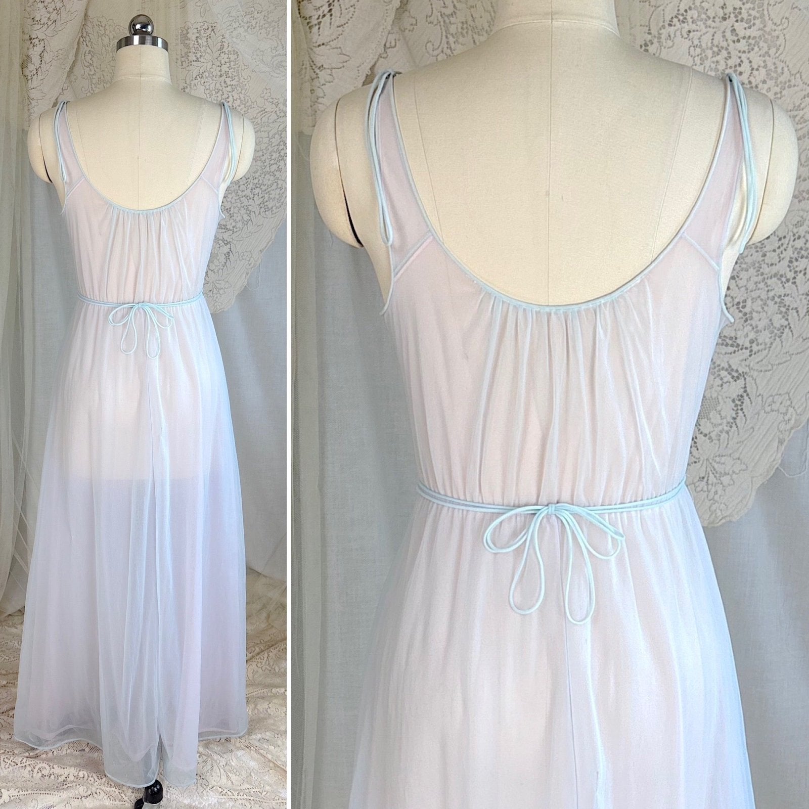Vintage 1950's - 1960's Peignoir Set - Sheer Sky Blue & Baby Pink Nylon Chiffon with Diamond Shirring - by Carter's - Daggers & Dames