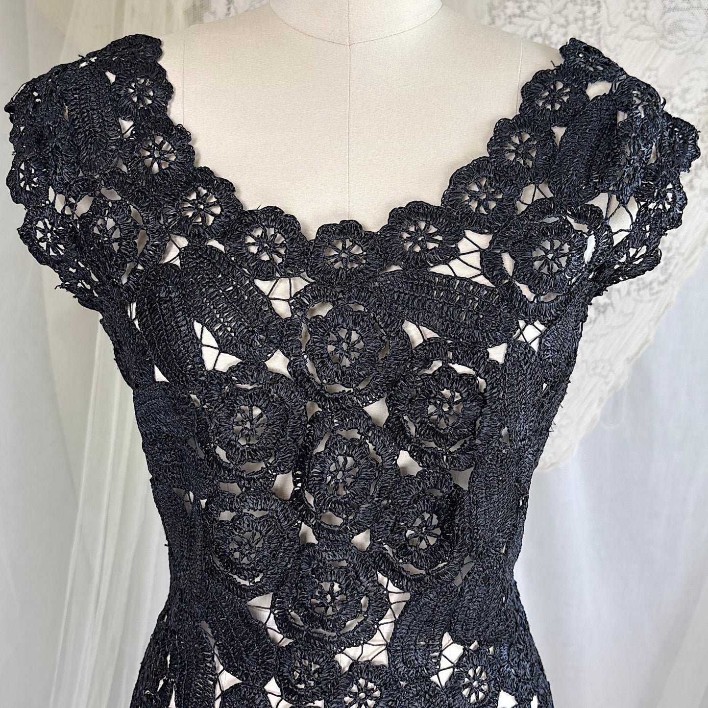 Vintage 1950's Black Raffia Lace Wiggle Dress, size M - Daggers & Dames