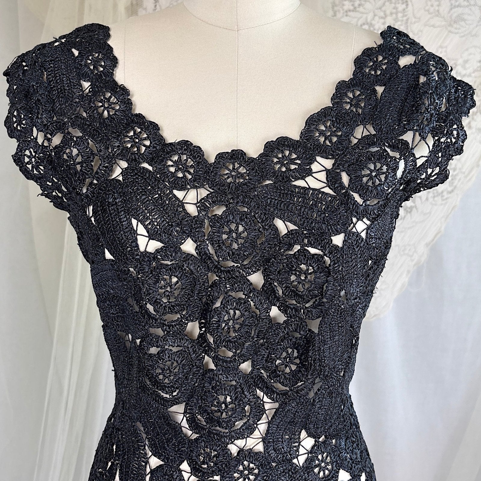 Vintage 1950's Black Raffia Lace Wiggle Dress, size M - Daggers & Dames