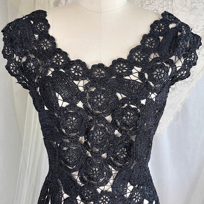 Vintage 1950's Black Raffia Lace Wiggle Dress, size M - Daggers & Dames