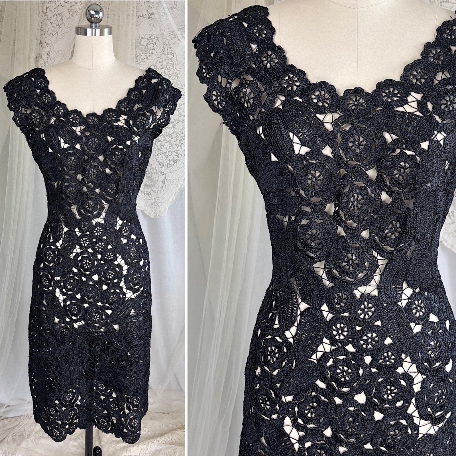 Vintage 1950's Black Raffia Lace Wiggle Dress, size M - Daggers & Dames