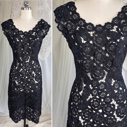 Vintage 1950's Black Raffia Lace Wiggle Dress, size M - Daggers & Dames
