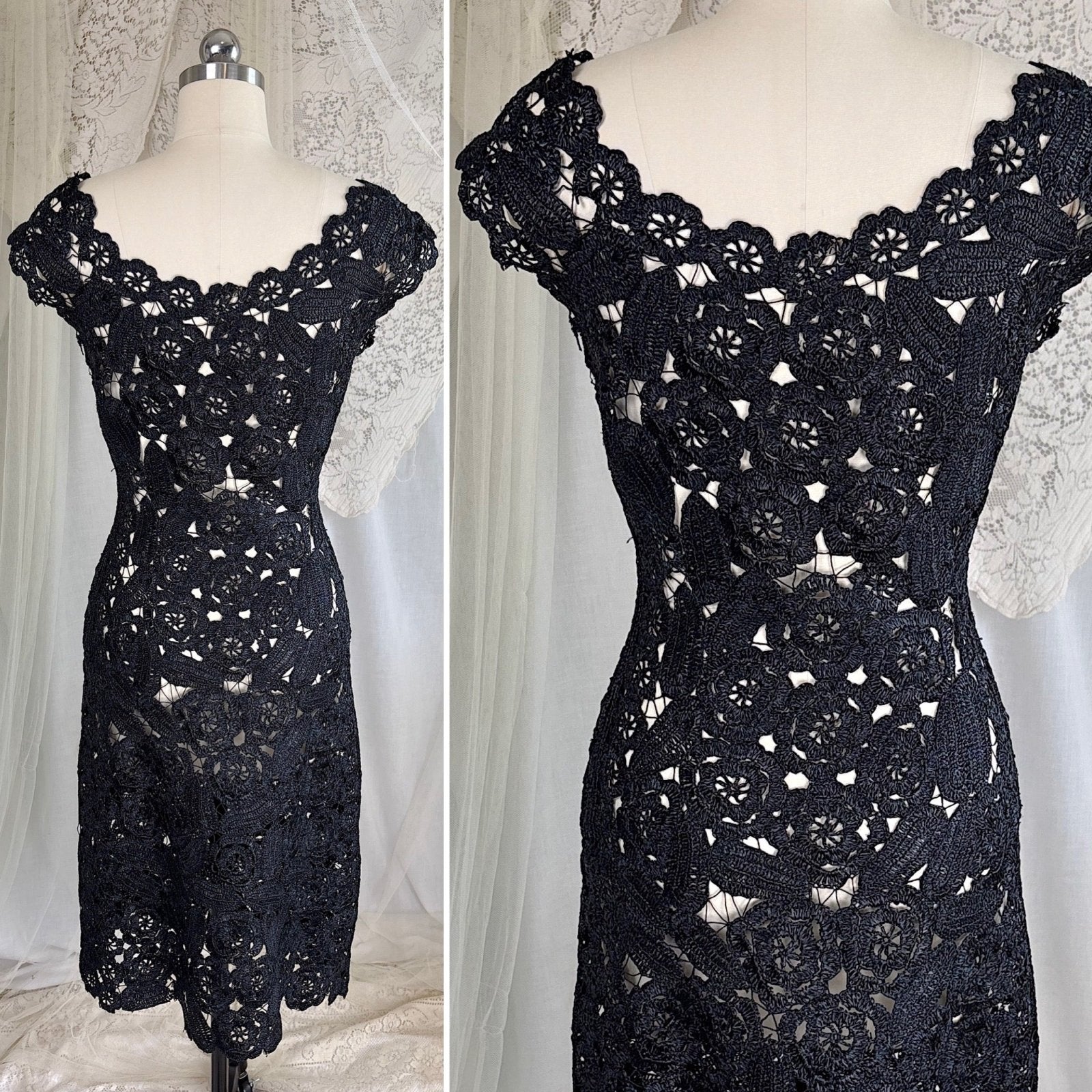 Vintage 1950's Black Raffia Lace Wiggle Dress, size M - Daggers & Dames