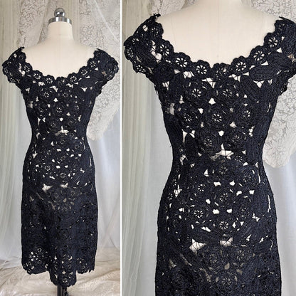 Vintage 1950's Black Raffia Lace Wiggle Dress, size M - Daggers & Dames